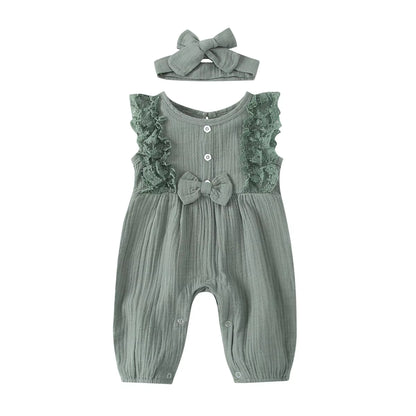 LunaLinen – Baby Girl Cotton Romper & Headdress Set