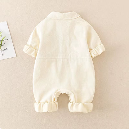 BearBuddy Denim – Spring Cartoon Pocket Romper for Babies